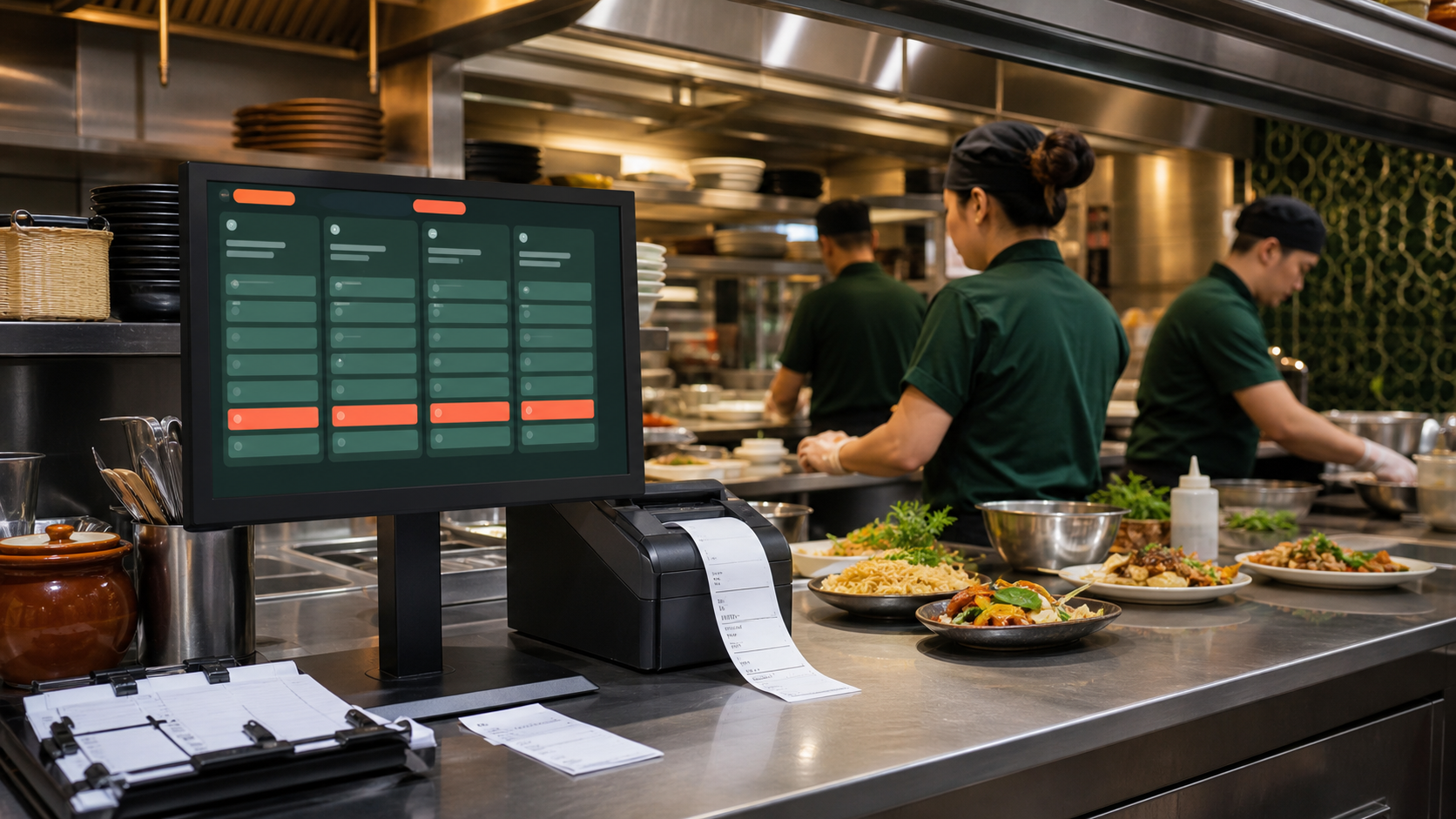ครัวร้านอาหารใช้ KDS และเครื่องพิมพ์ออเดอร์เพื่อจัดคิวทำอาหาร